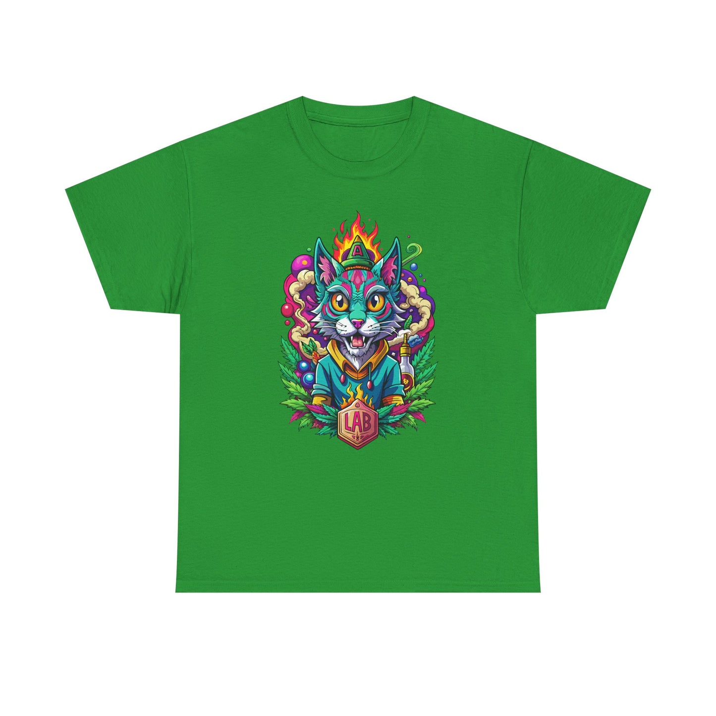 Psychedelic Flame Cat Graphic Tee — Colorful Trippy Cat Design