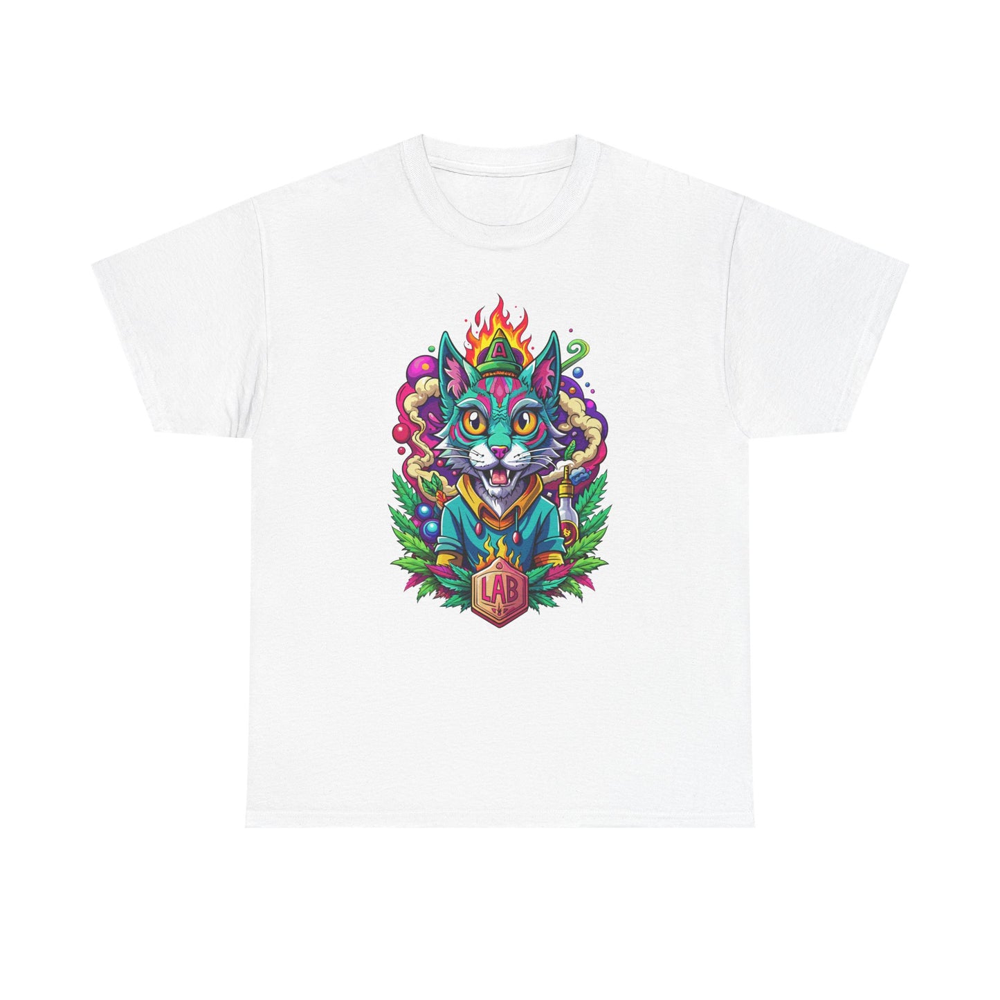 Psychedelic Flame Cat Graphic Tee — Colorful Trippy Cat Design