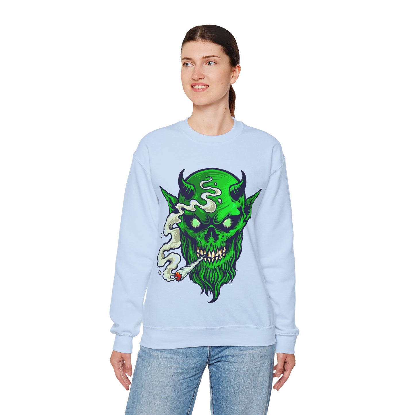 Smoking Green Demon Skull Sweatshirt — Creepy Stoner Graphic