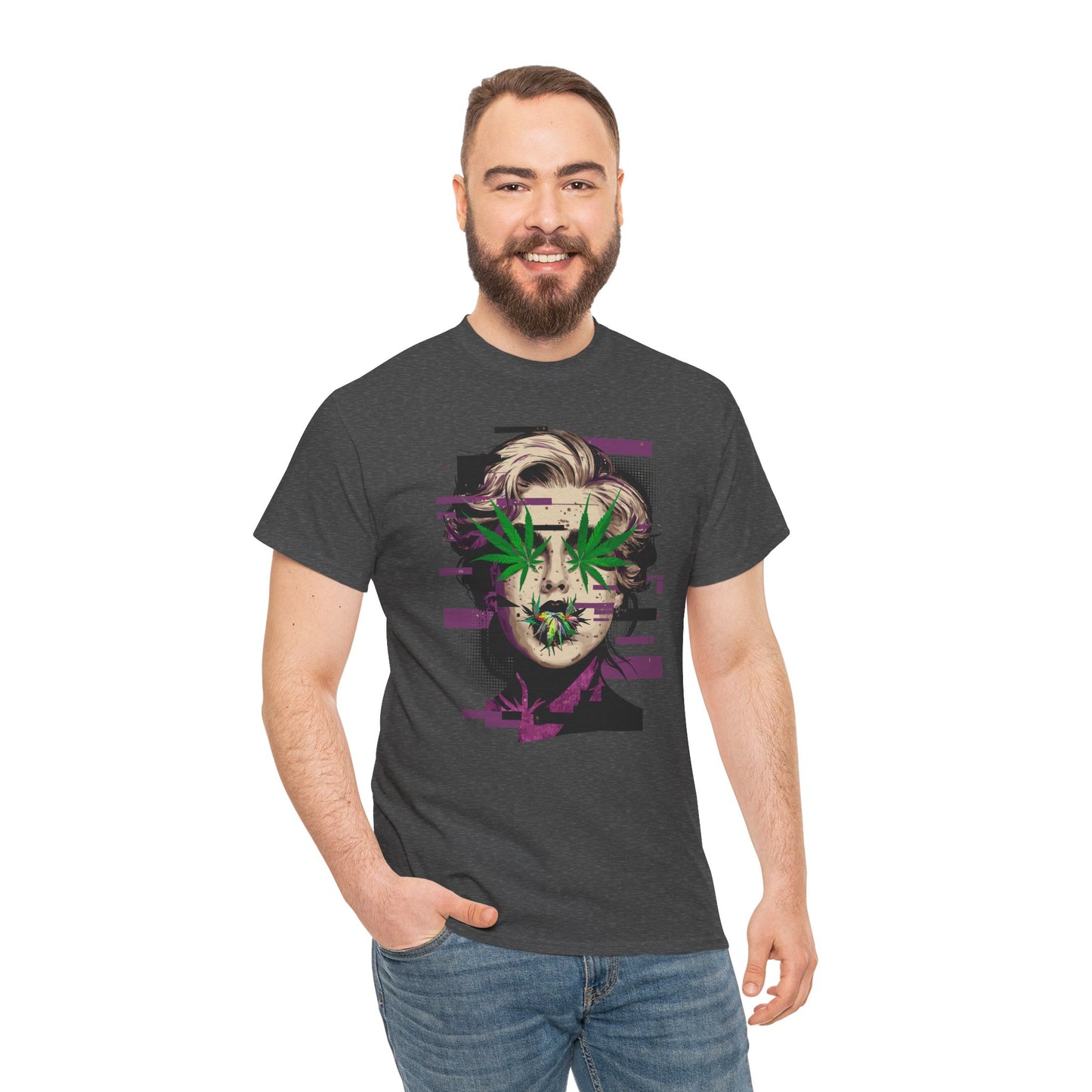 Vintage Portrait Tee — Glitch Art Face with Cannabis Leaf Mask