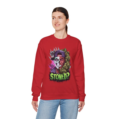 Sweatshirt— 'Stoned?' Skull Face Graphic for Cannabis Lovers