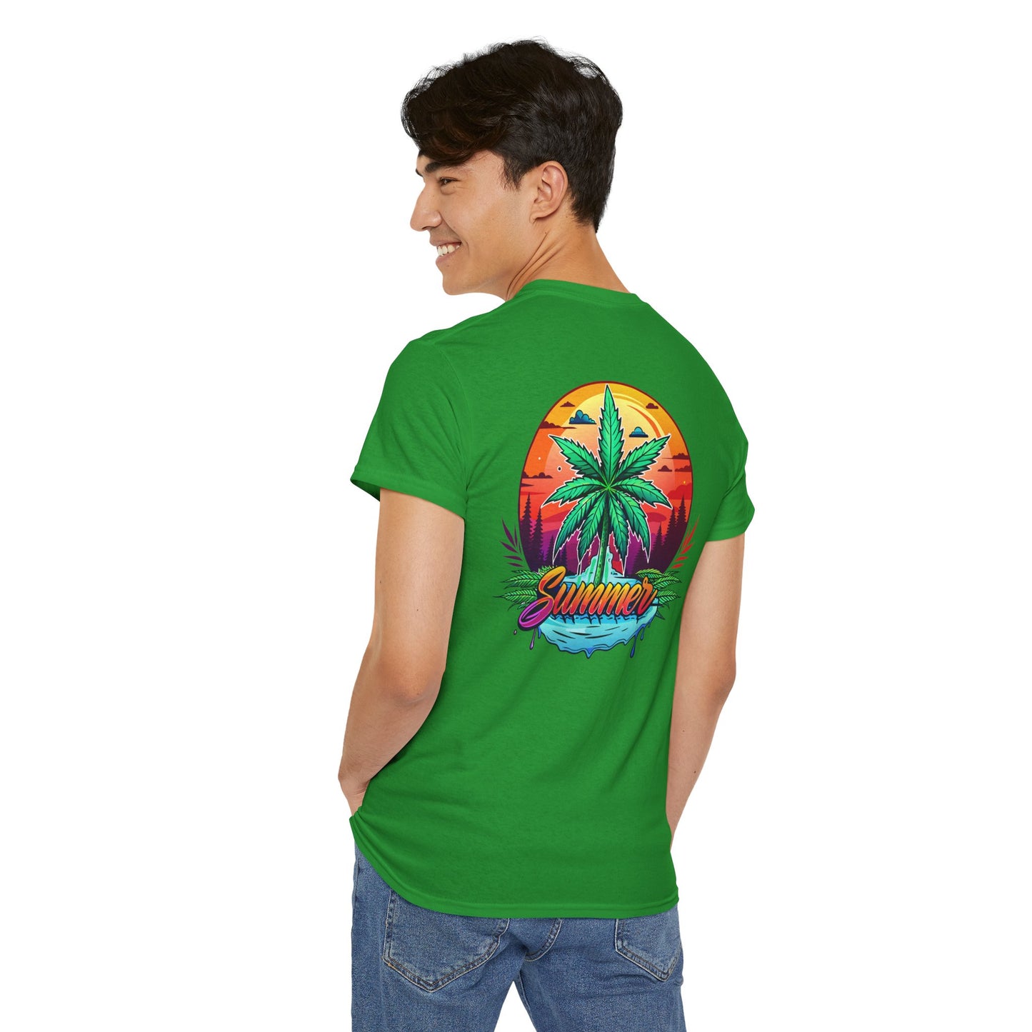 Summer Cannabis Leaf T-Shirt – Retro Tropical Sunset Tee Both