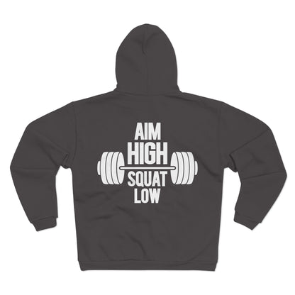 Motivational Fitness Hoodie - 'Aim High Squat Low' Unisex Hooded Zip Sweatshirt