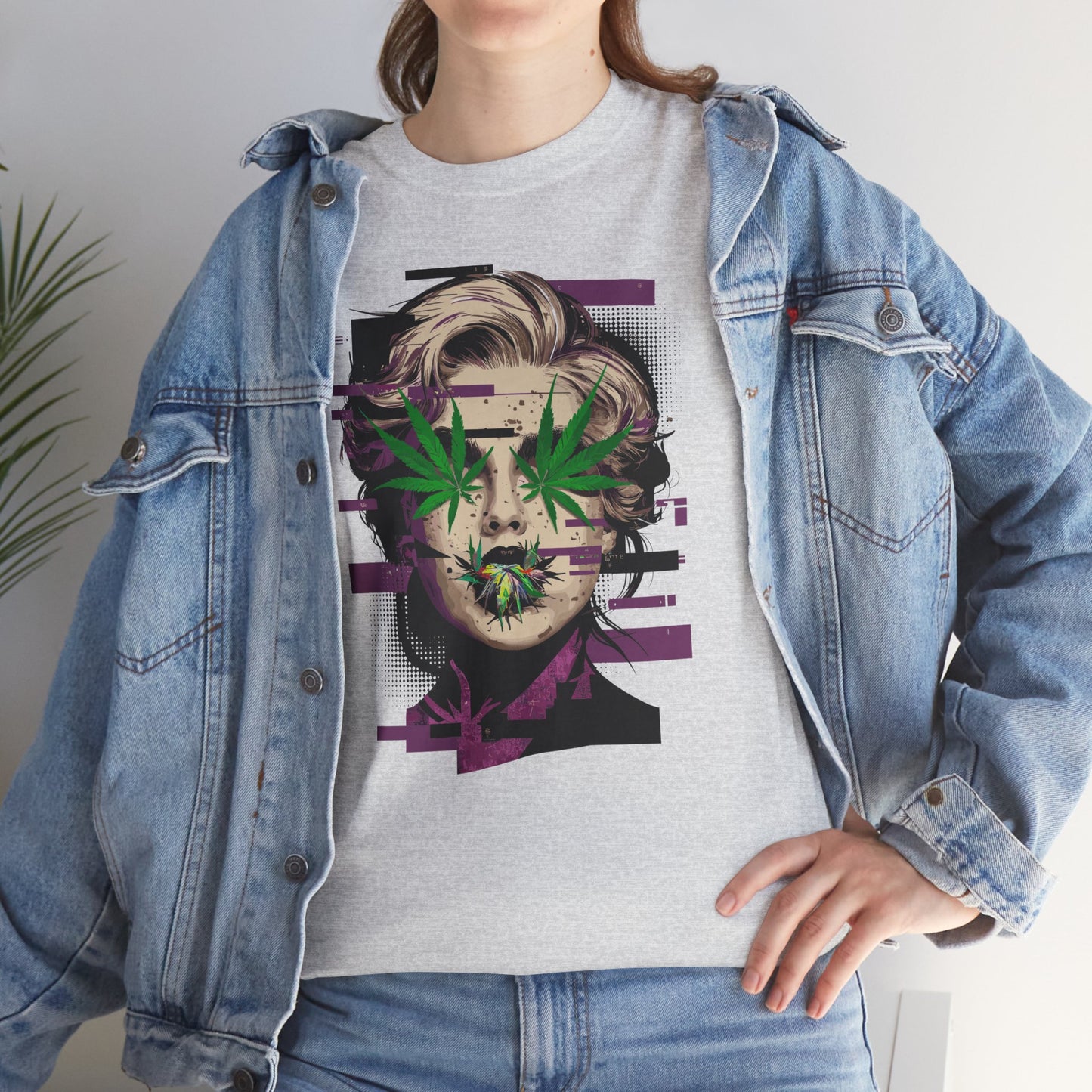 Vintage Portrait Tee — Glitch Art Face with Cannabis Leaf Mask
