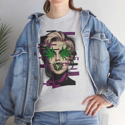 Vintage Portrait Tee — Glitch Art Face with Cannabis Leaf Mask