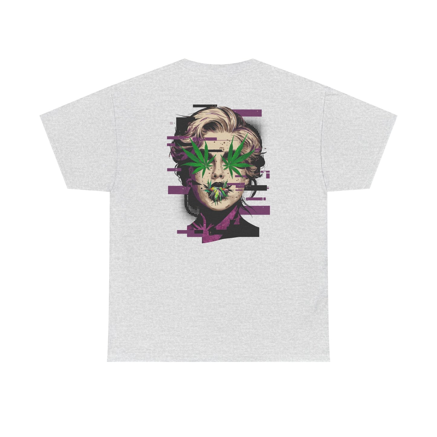 Vintage Portrait Tee — Glitch Art Face with Cannabis Leaf Mask