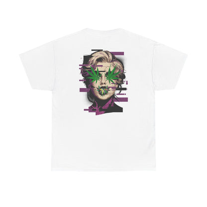 Vintage Portrait Tee — Glitch Art Face with Cannabis Leaf Mask