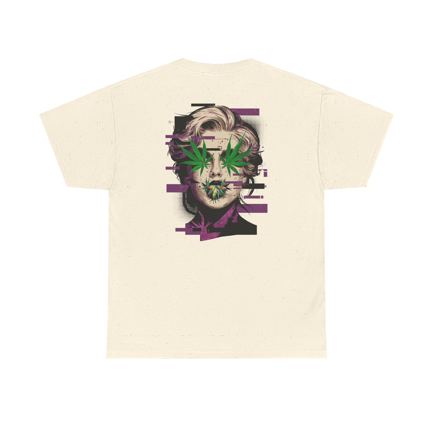 Vintage Portrait Tee — Glitch Art Face with Cannabis Leaf Mask