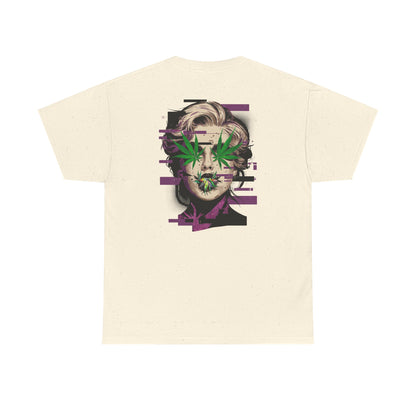 Vintage Portrait Tee — Glitch Art Face with Cannabis Leaf Mask