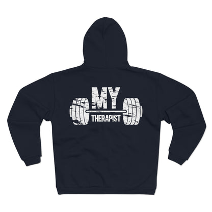 Funny Gym Lover's Unisex Hooded Zip Sweatshirt - 'My Therapist' Design