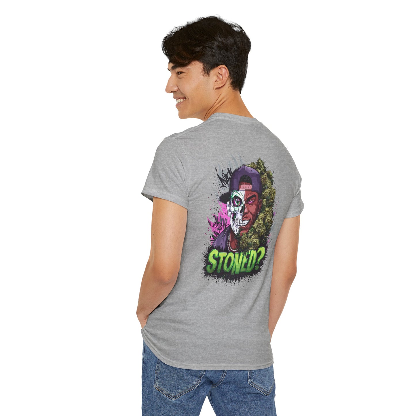 T-Shirt — 'Stoned?' Skull Face Graphic Tee for Cannabis Lovers