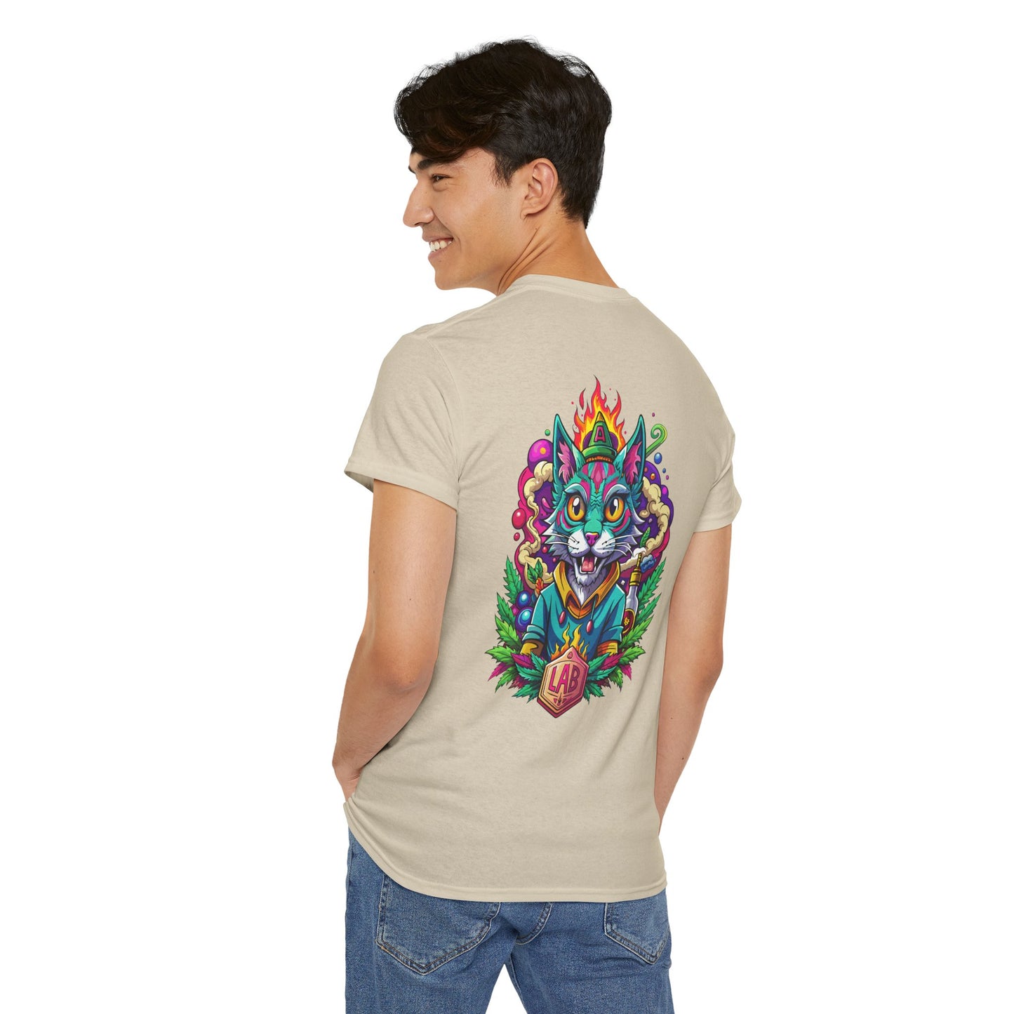 Psychedelic Flame Cat Graphic Tee — Colorful Trippy Cat Design
