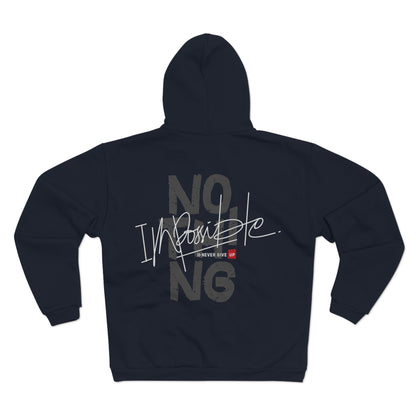 Unisex Hooded Zip Sweatshirt 'No Impossible' Motivational Shirt for Fitness & Inspiration