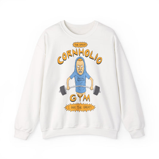 Unisex Crewneck Sweatshirt - Funny Cornholio Gym Design - Perfect for Workouts & Casual Wear White