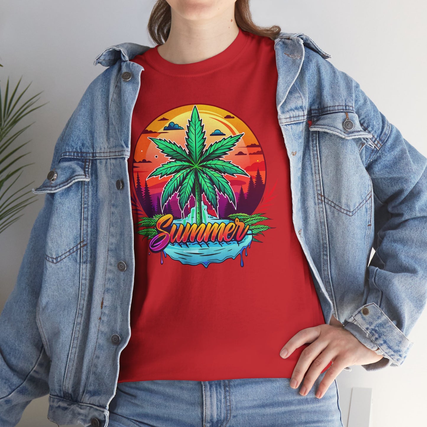 Summer Cannabis Leaf T-Shirt – Retro Tropical Sunset Tee