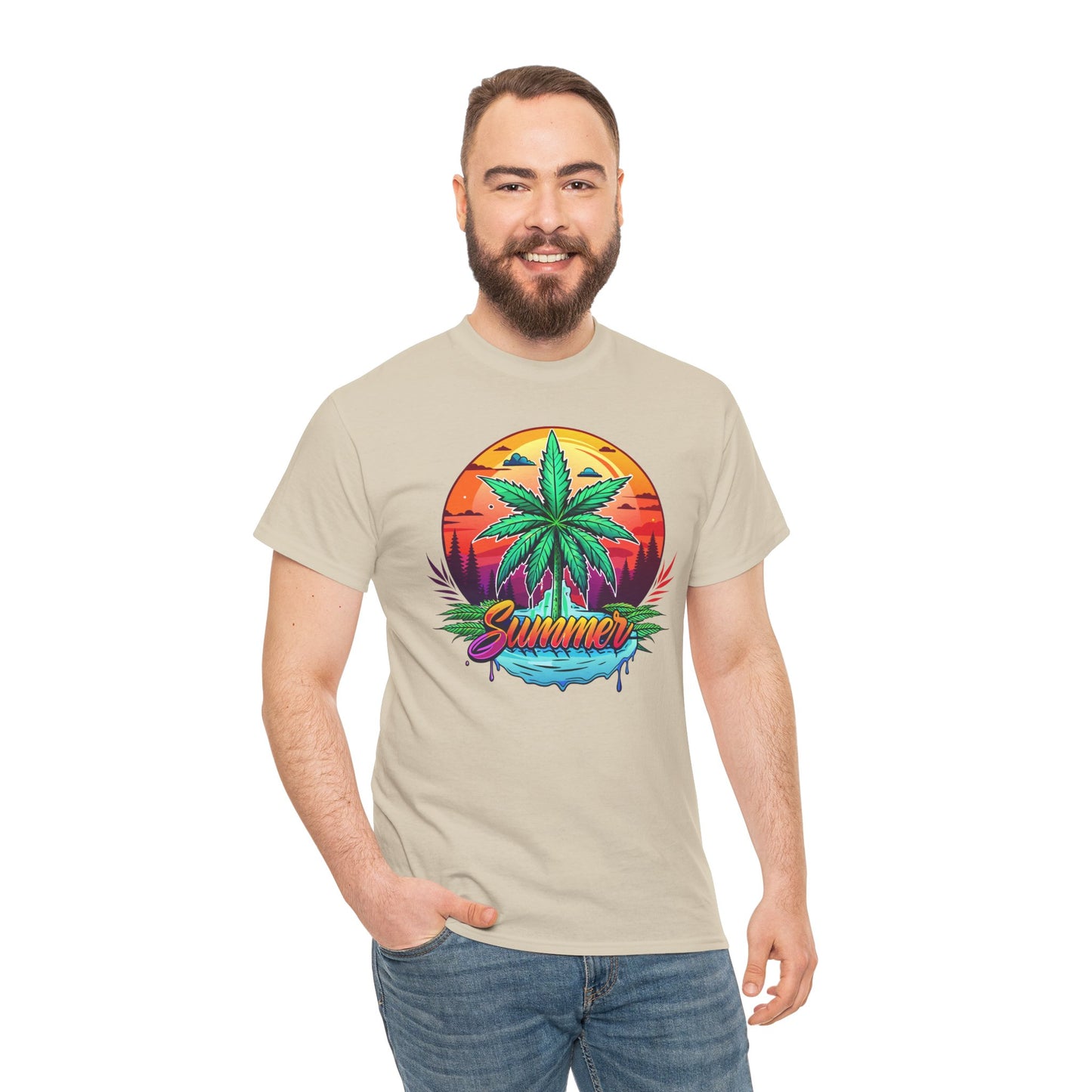 Summer Cannabis Leaf T-Shirt – Retro Tropical Sunset Tee