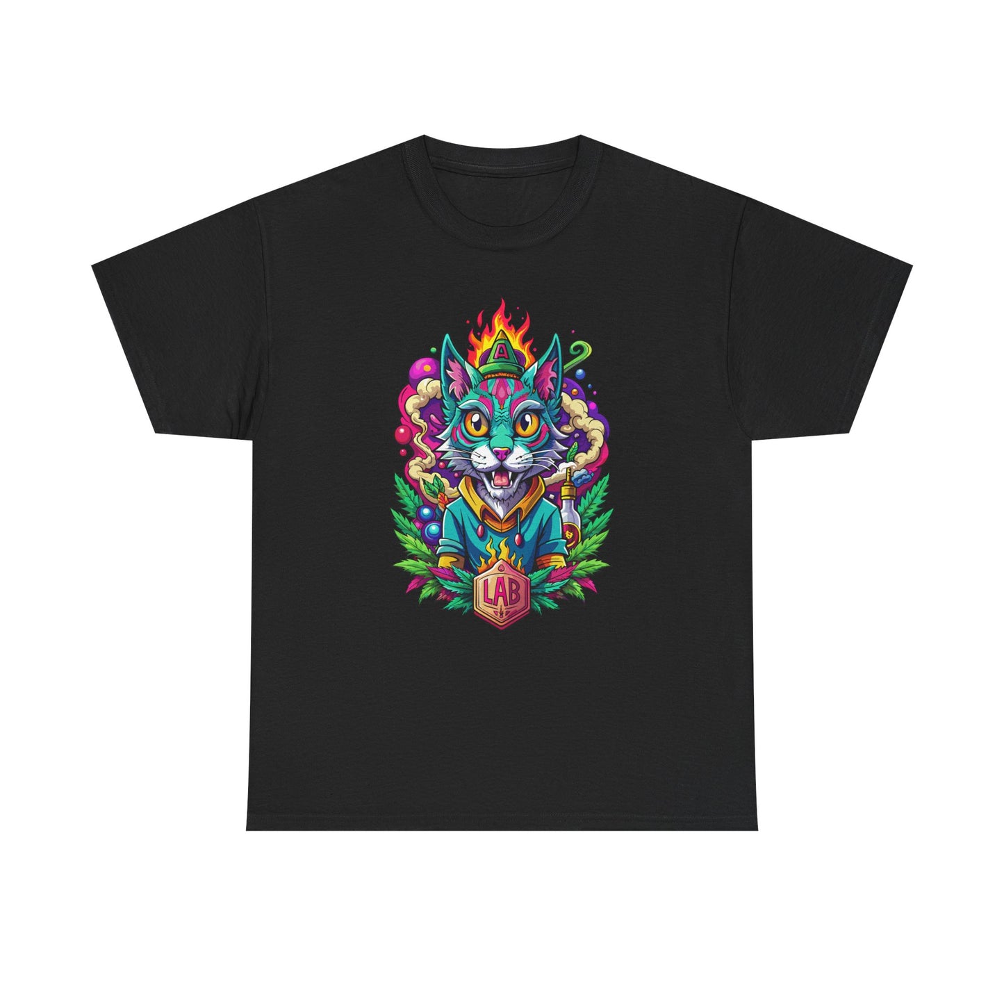 Psychedelic Flame Cat Graphic Tee — Colorful Trippy Cat Design