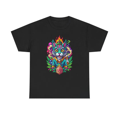 Psychedelic Flame Cat Graphic Tee — Colorful Trippy Cat Design