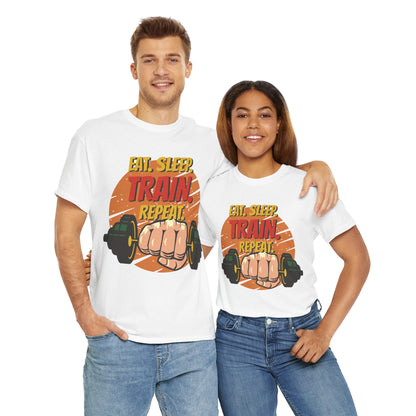 Fitness Motivational Unisex Heavy Cotton Tee - Eat Sleep Train Repeat
