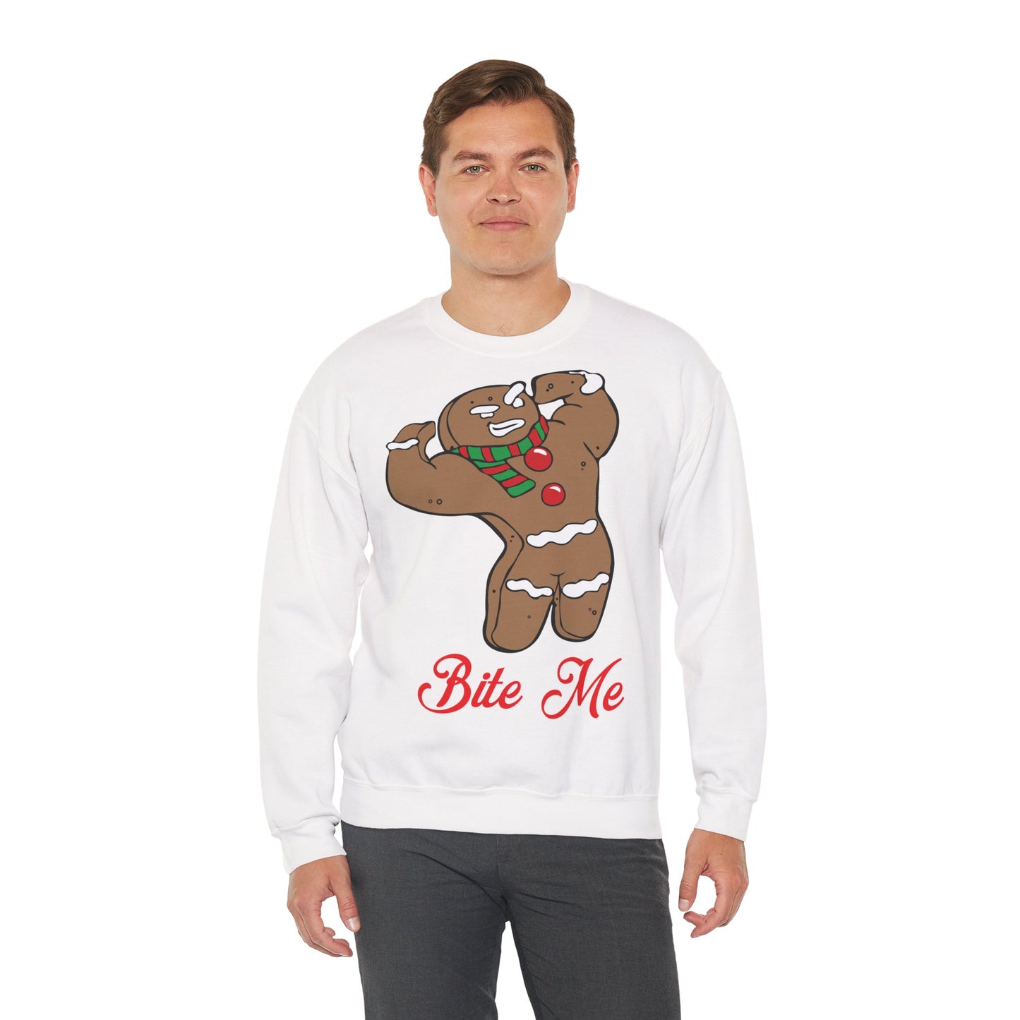 Funny Christmas Gingerbread Crewneck Sweatshirt - "Bite Me" White