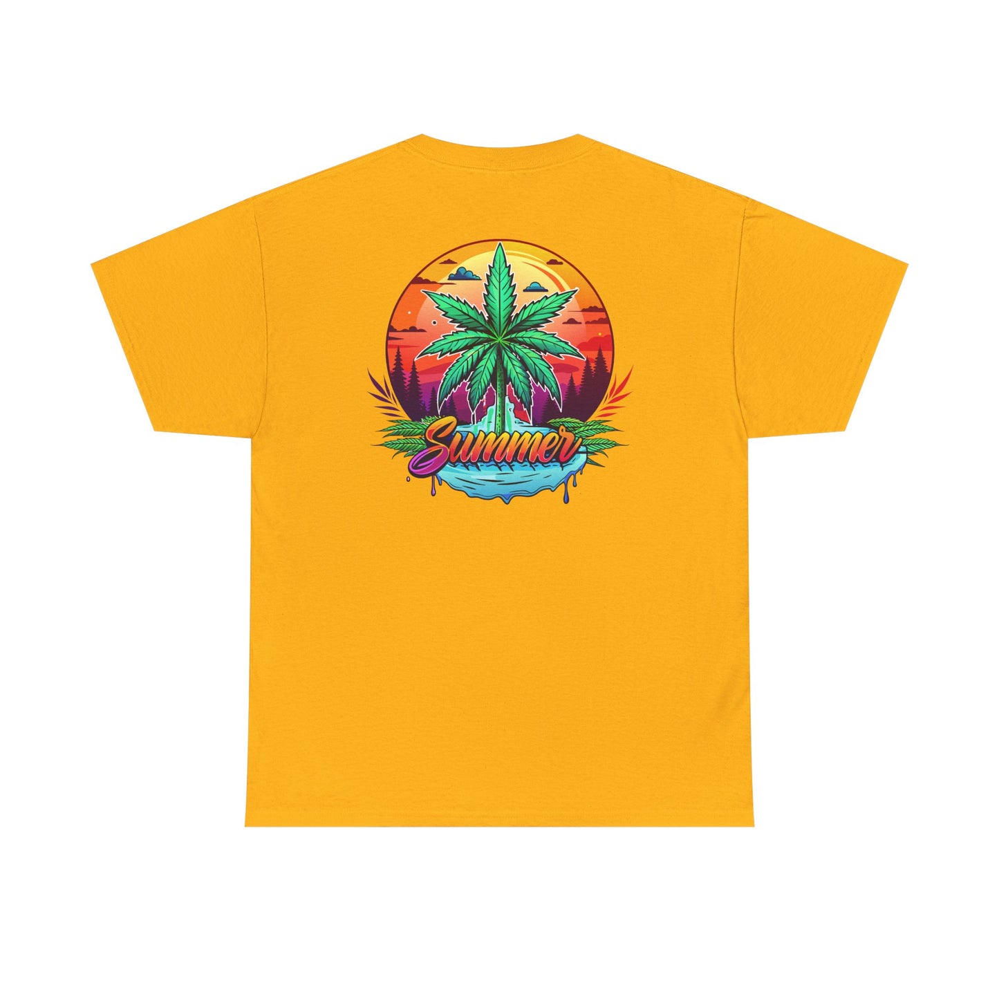 Summer Cannabis Leaf T-Shirt – Retro Tropical Sunset Tee Both