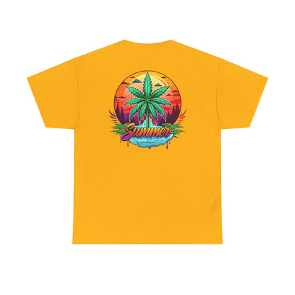 Summer Cannabis Leaf T-Shirt – Retro Tropical Sunset Tee Both