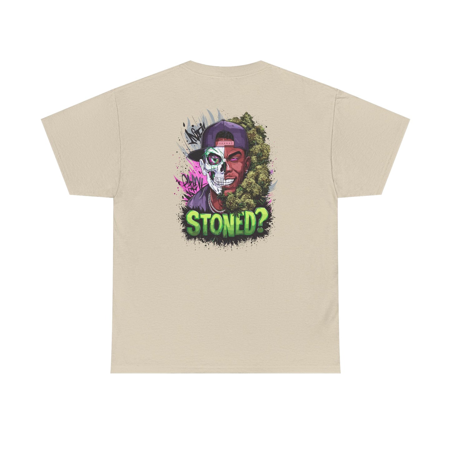 T-Shirt — 'Stoned?' Skull Face Graphic Tee for Cannabis Lovers