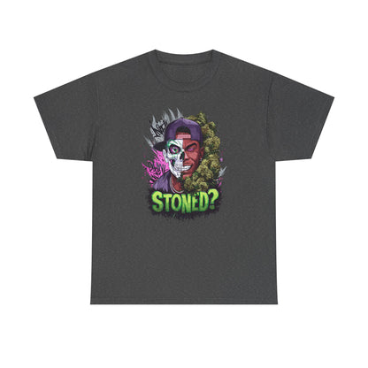 T-Shirt — 'Stoned?' Skull Face Graphic Tee for Cannabis Lovers