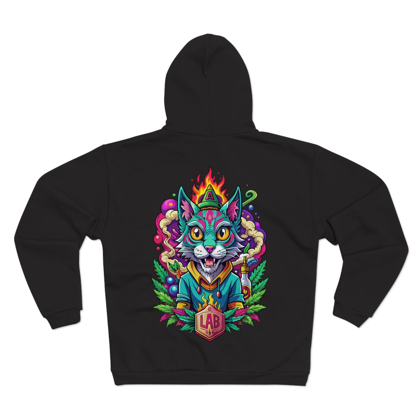 Psychedelic Flame Cat Graphic Zip Hoodie — Colorful Trippy Cat Design