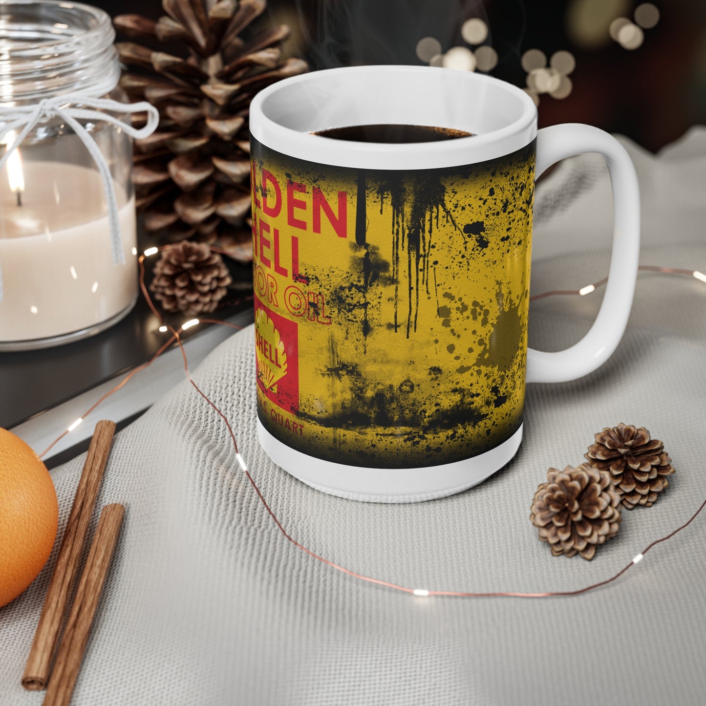 Vintage Golden Shell Motor Oil Mug - 11oz & 15oz Ceramic Coffee Cups