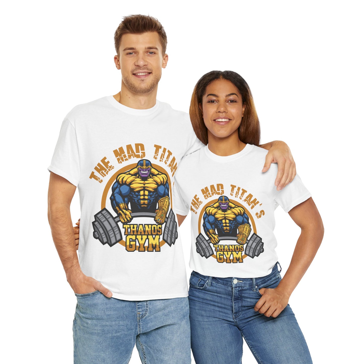 Comic-Inspired Unisex Heavy Cotton Tee - Thanos Gym Print White