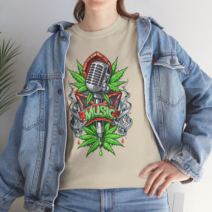 Music Microphone Tee — Retro Mic & Leaf Graphic T-Shirt