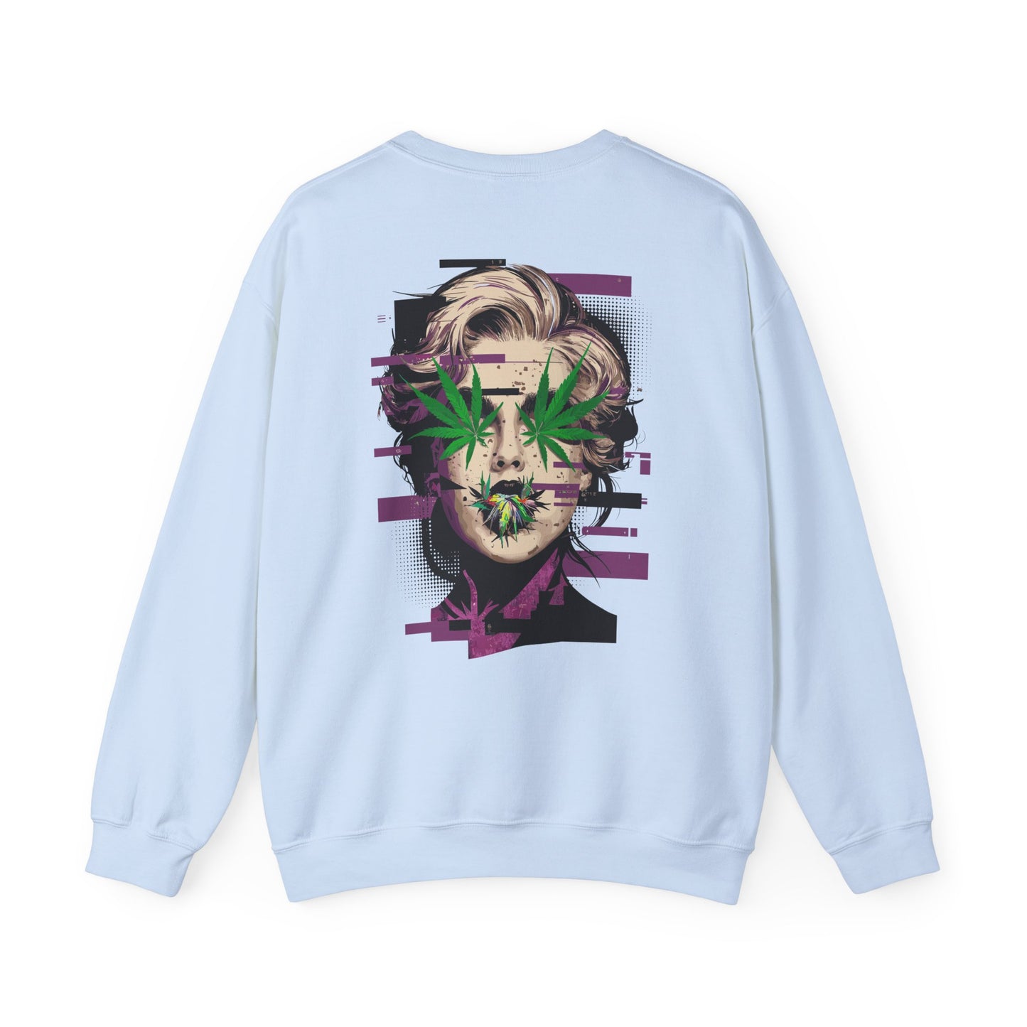 Vintage Portrait Sweatshirt — Glitch Art Face with Cannabis Leaf Mask