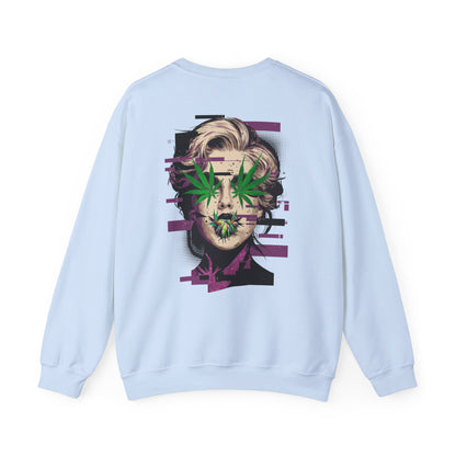 Vintage Portrait Sweatshirt — Glitch Art Face with Cannabis Leaf Mask