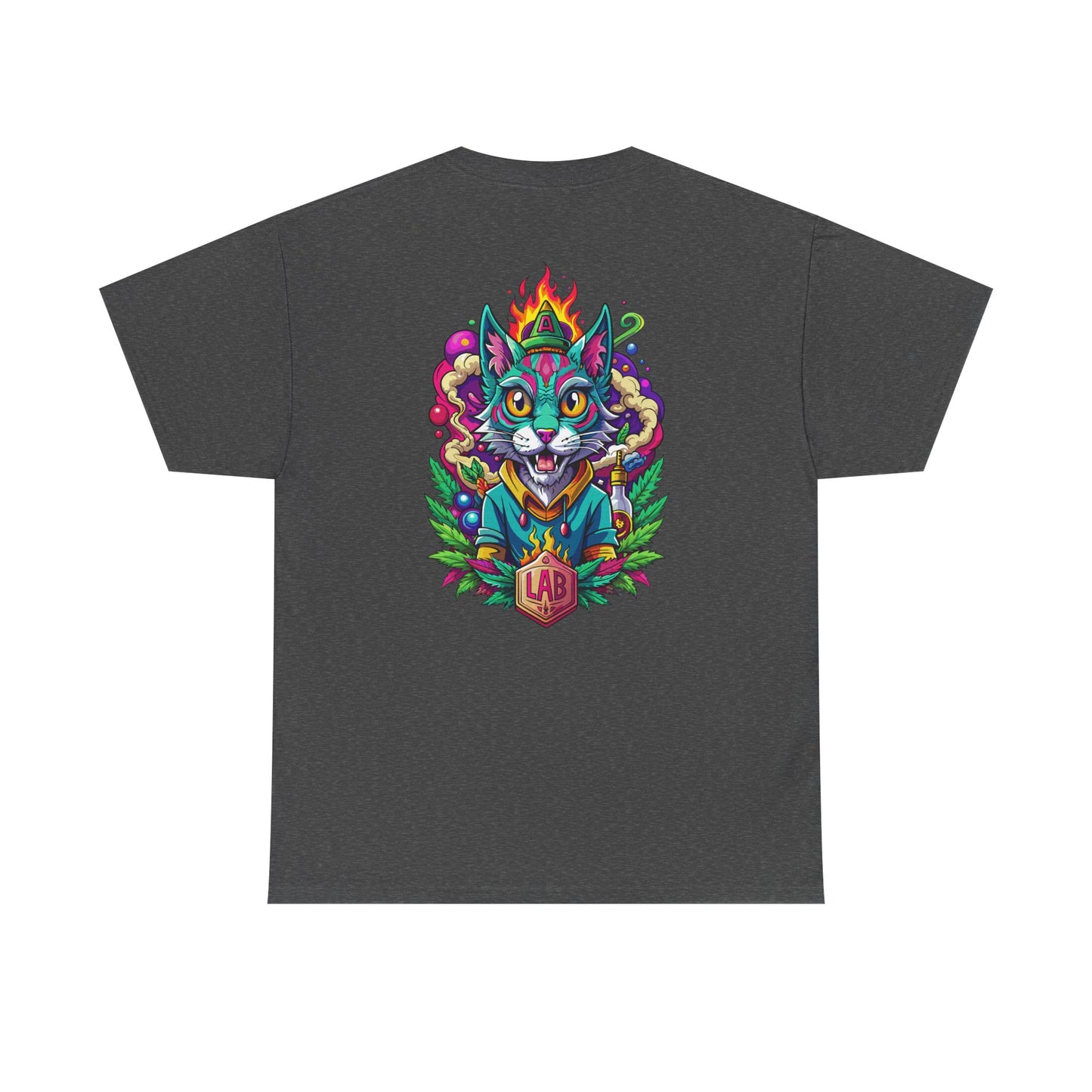Psychedelic Flame Cat Graphic Tee — Colorful Trippy Cat Design