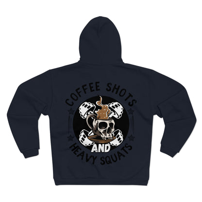 Funny Coffee and Heavy Squats Unisex Hooded Zip Sweatshirt - Perfect for Fitness Enthusiasts