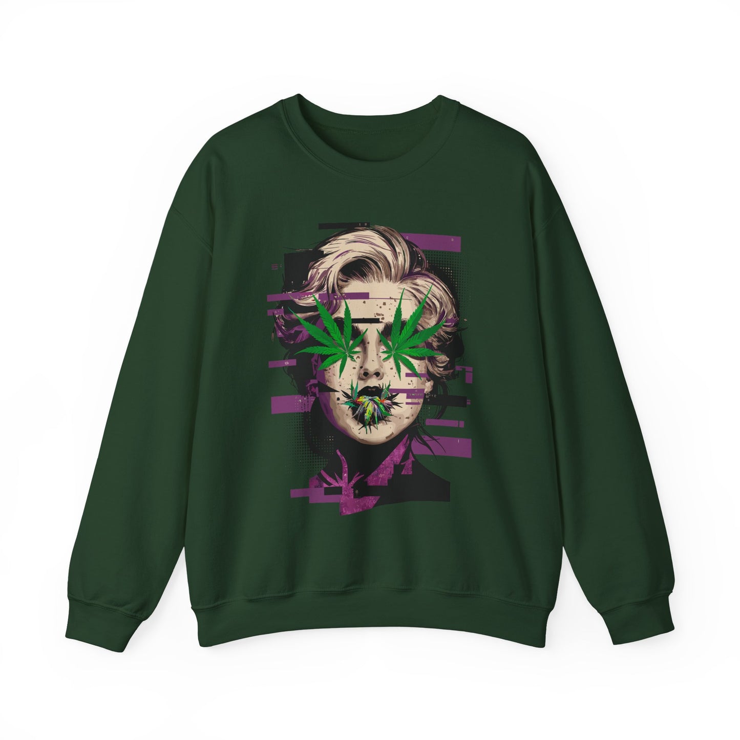Vintage Portrait Sweatshirt — Glitch Art Face with Cannabis Leaf Mask