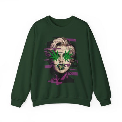 Vintage Portrait Sweatshirt — Glitch Art Face with Cannabis Leaf Mask