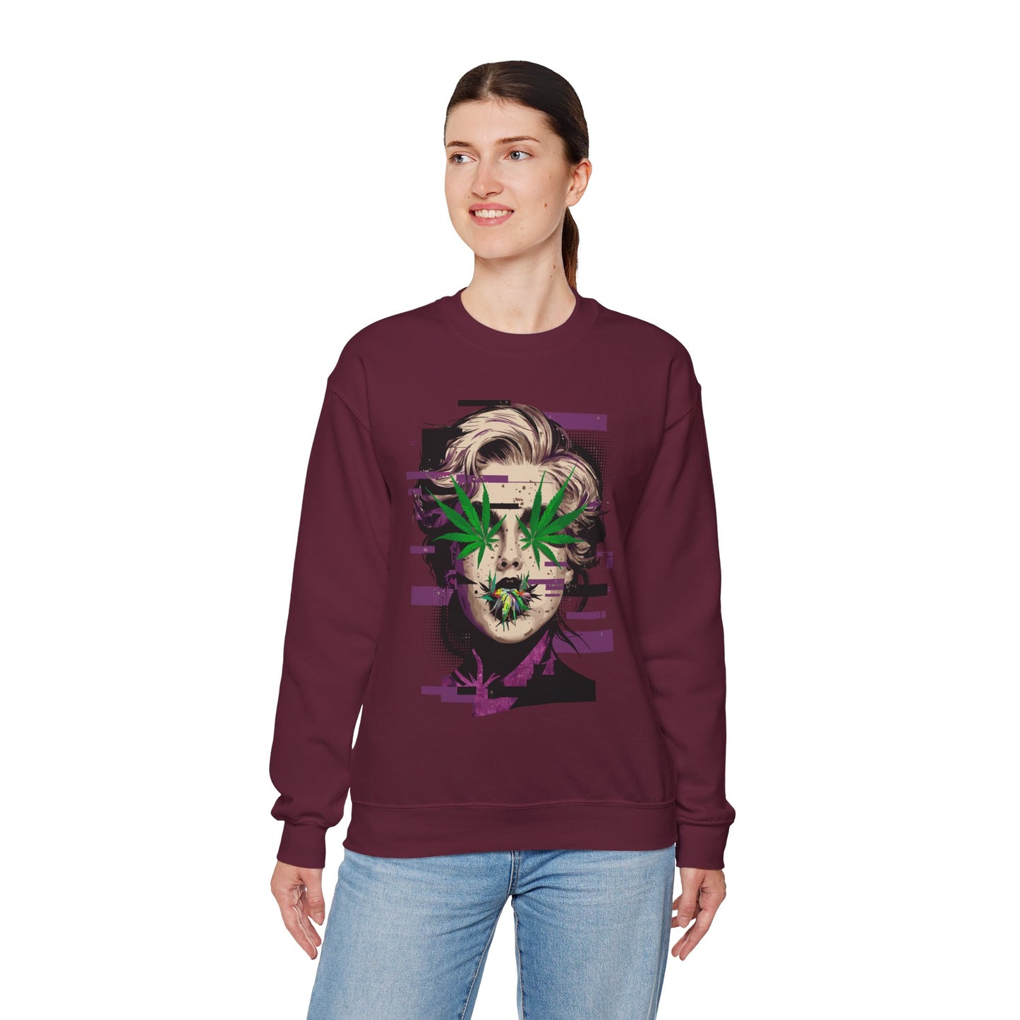 Vintage Portrait Sweatshirt — Glitch Art Face with Cannabis Leaf Mask