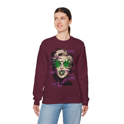 Vintage Portrait Sweatshirt — Glitch Art Face with Cannabis Leaf Mask