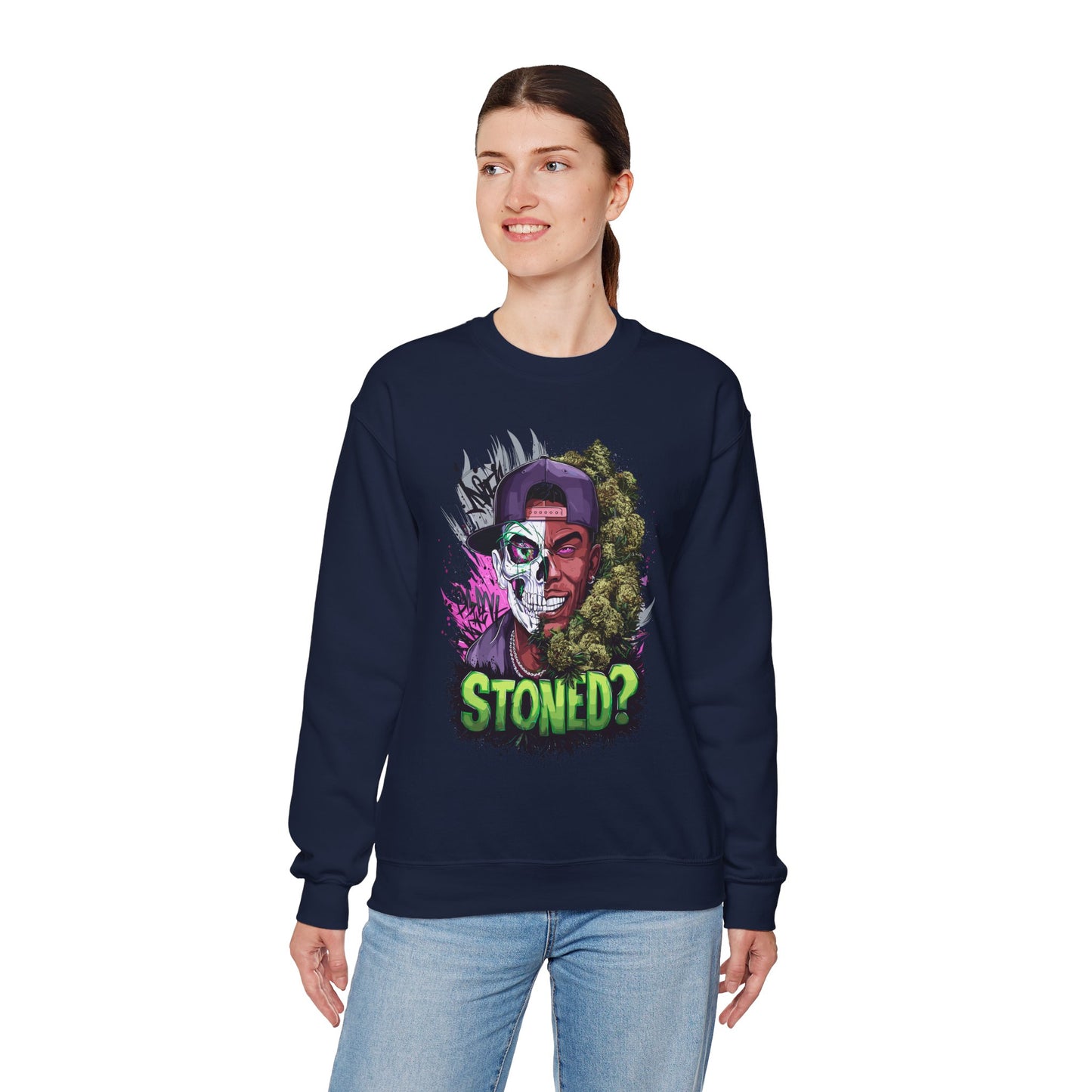 Sweatshirt— 'Stoned?' Skull Face Graphic for Cannabis Lovers
