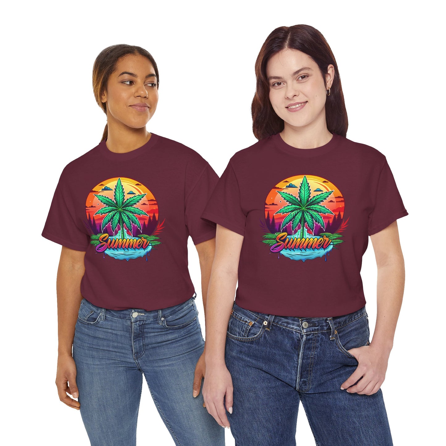Summer Cannabis Leaf T-Shirt – Retro Tropical Sunset Tee Both