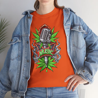 Music Microphone Tee — Retro Mic & Leaf Graphic T-Shirt