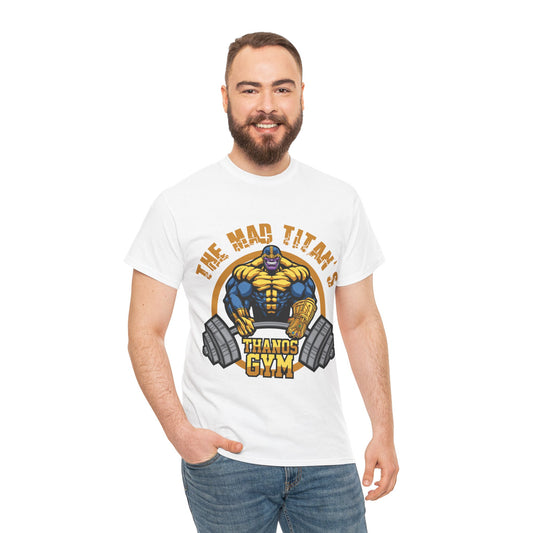 Comic-Inspired Unisex Heavy Cotton Tee - Thanos Gym Print White