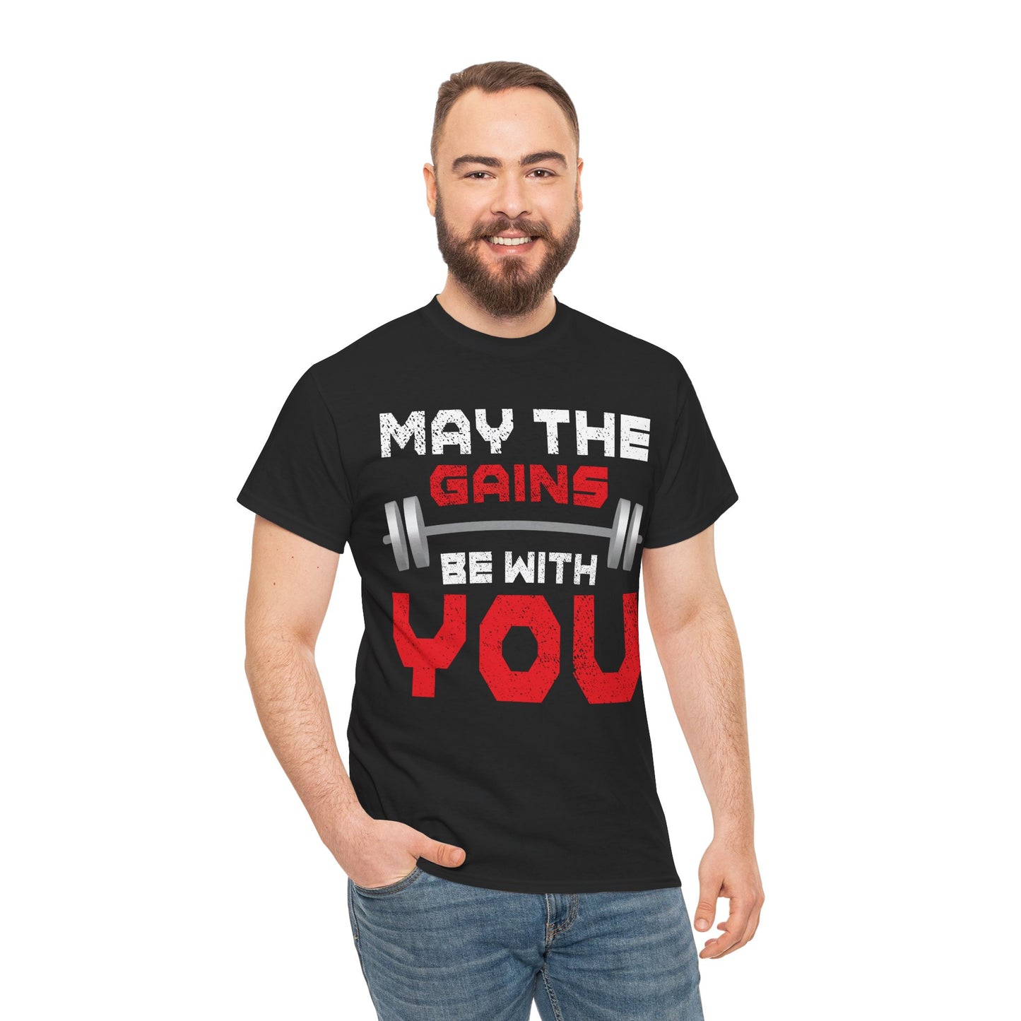 Motivational Gym Tee - 'May the Gains Be With You' - Unisex Heavy Cotton T-Shirt