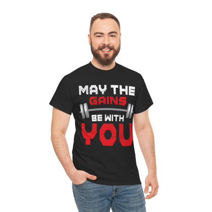 Motivational Gym Tee - 'May the Gains Be With You' - Unisex Heavy Cotton T-Shirt