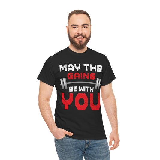 Motivational Gym Tee - 'May the Gains Be With You' - Unisex Heavy Cotton T-Shirt
