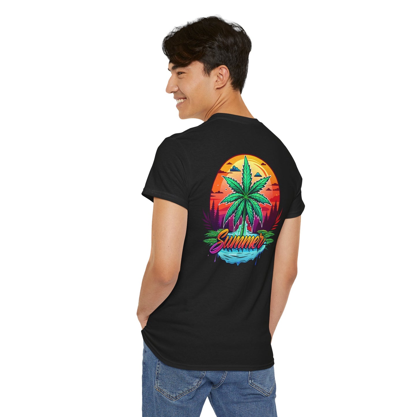 Summer Cannabis Leaf T-Shirt – Retro Tropical Sunset Tee Both