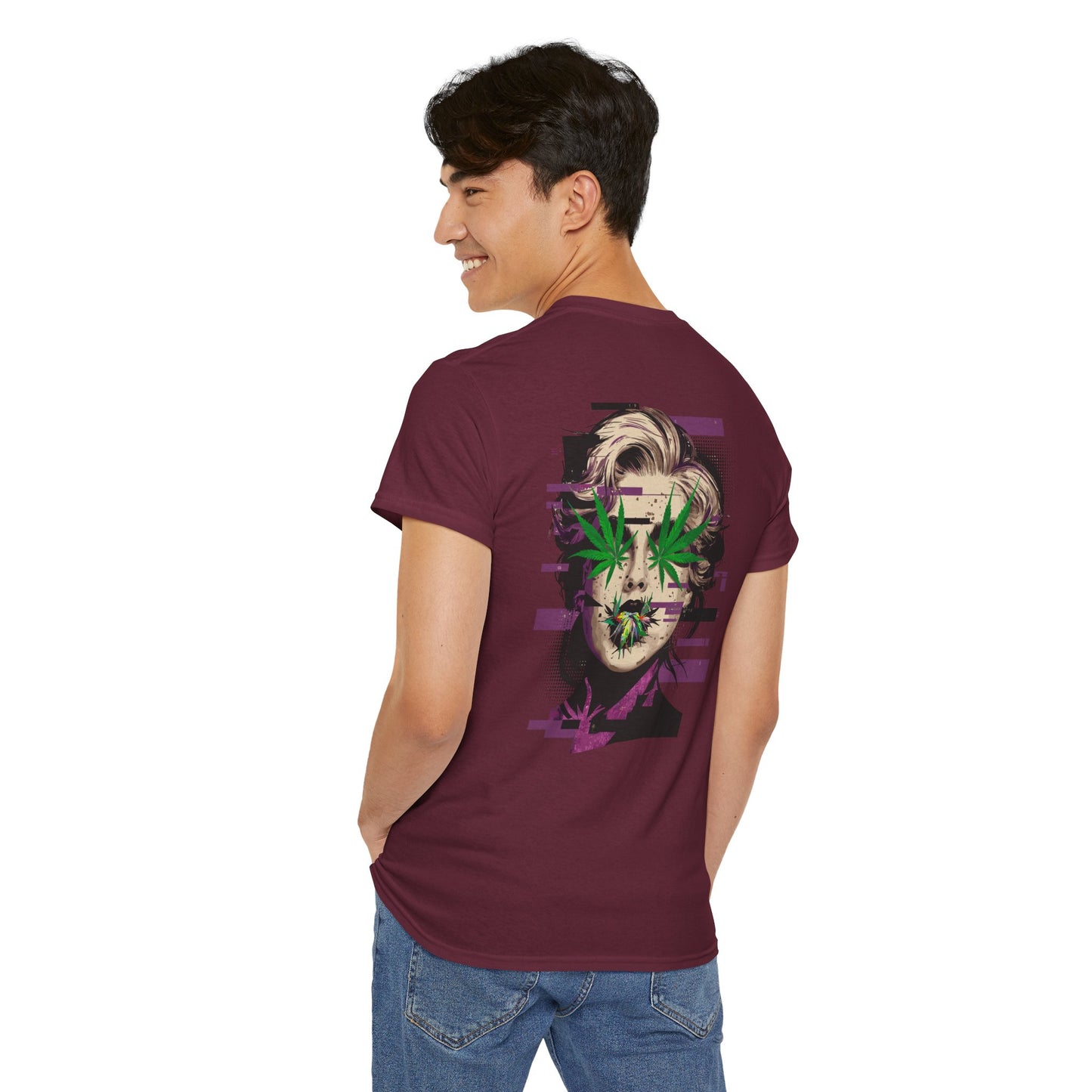 Vintage Portrait Tee — Glitch Art Face with Cannabis Leaf Mask