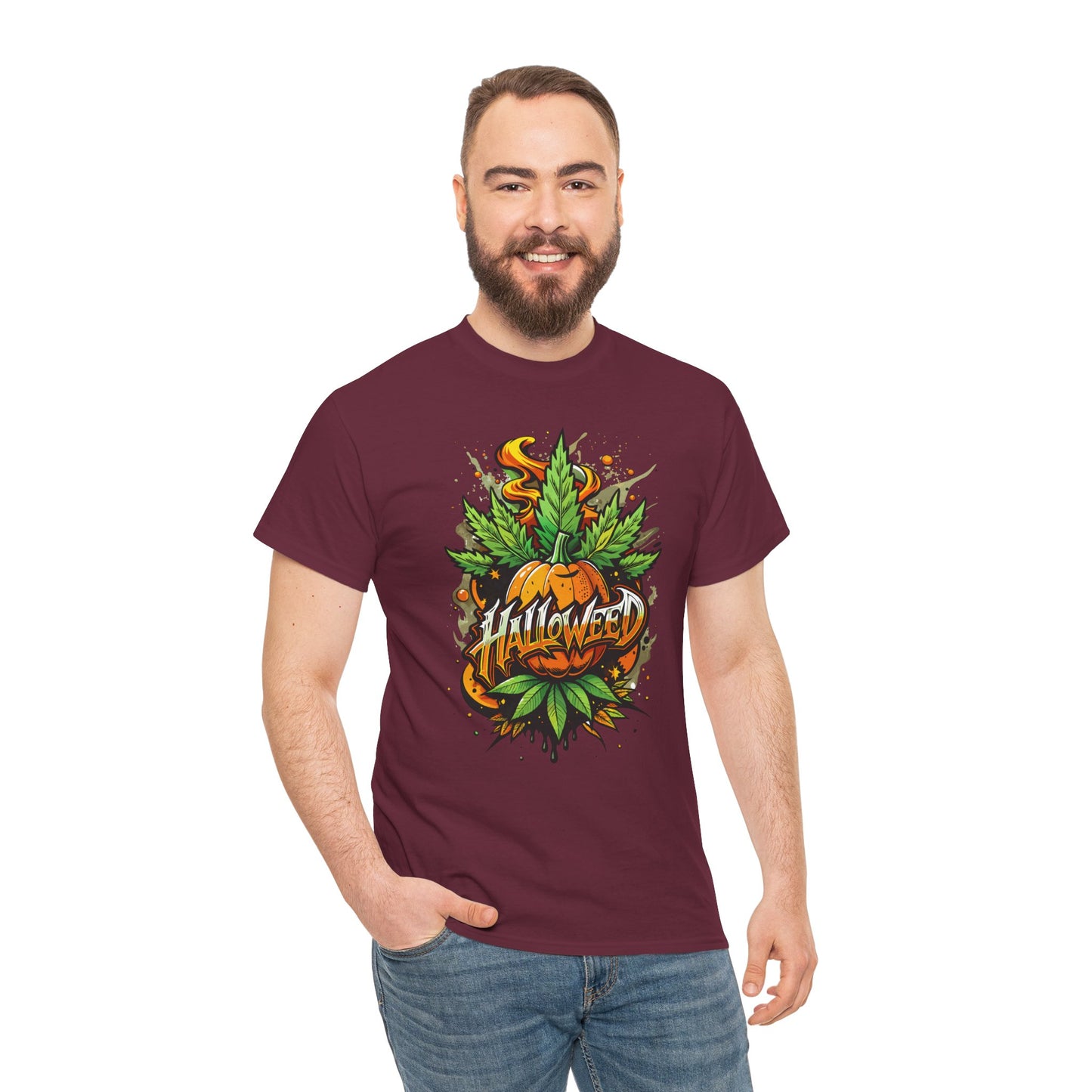 Halloween Pumpkin Graphic Tee — 'Halloween' Pumpkin & Leaves Illustration